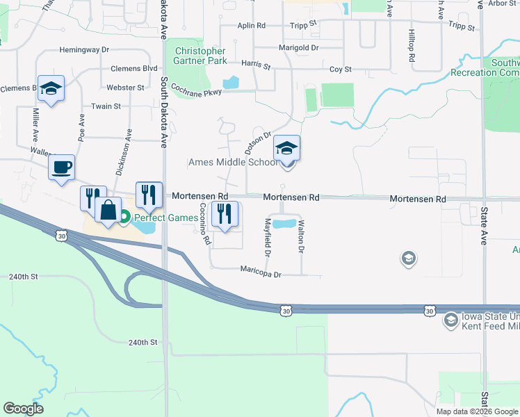 map of restaurants, bars, coffee shops, grocery stores, and more near in Ames