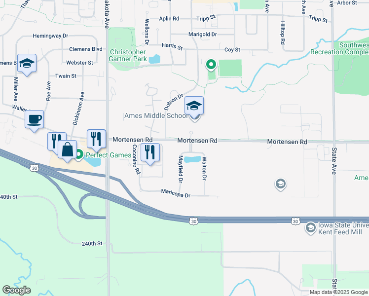 map of restaurants, bars, coffee shops, grocery stores, and more near in Ames