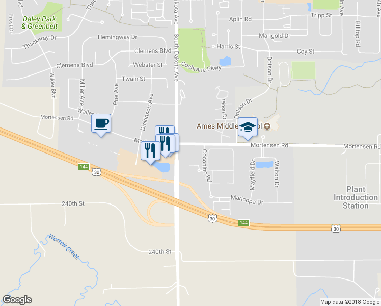 map of restaurants, bars, coffee shops, grocery stores, and more near 1307 Coconino Road in Ames