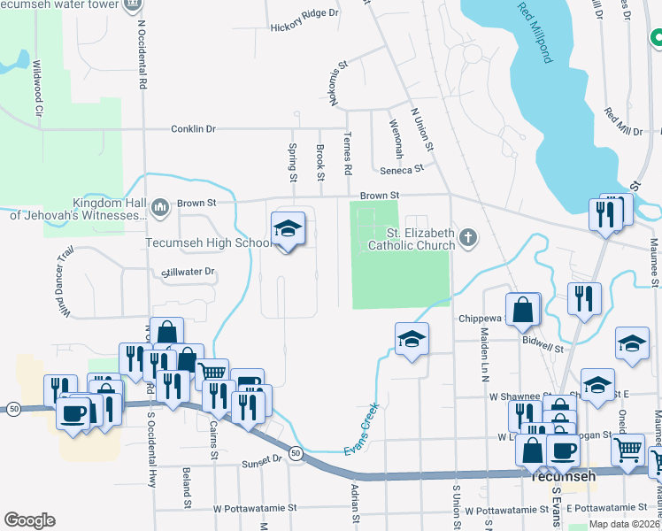 map of restaurants, bars, coffee shops, grocery stores, and more near 500 Seminole Drive in Tecumseh