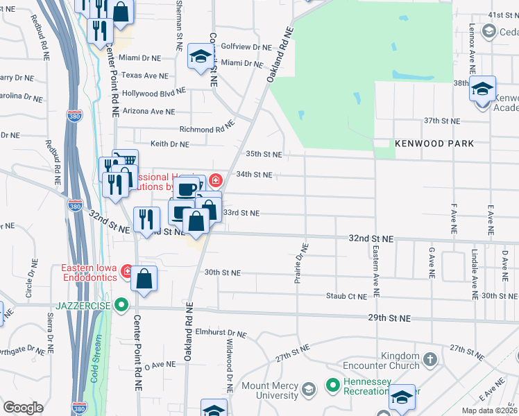 map of restaurants, bars, coffee shops, grocery stores, and more near 1291 Center Street Northeast in Cedar Rapids