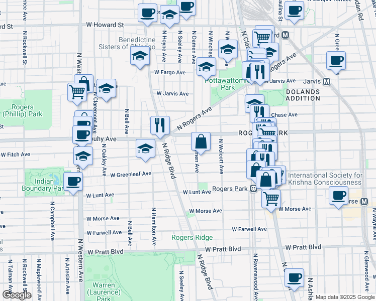 map of restaurants, bars, coffee shops, grocery stores, and more near 2014 West Estes Avenue in Chicago
