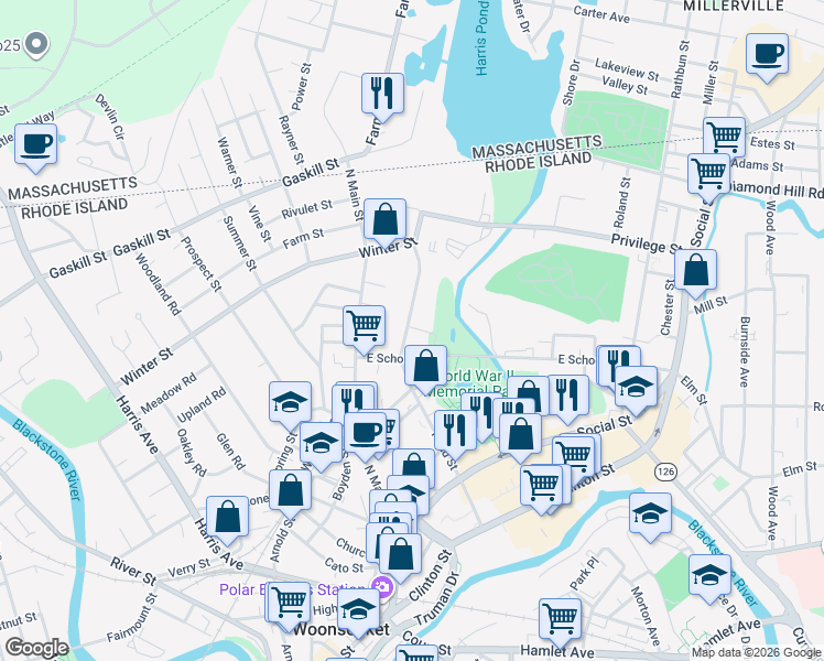 map of restaurants, bars, coffee shops, grocery stores, and more near 453 Pond Street in Woonsocket