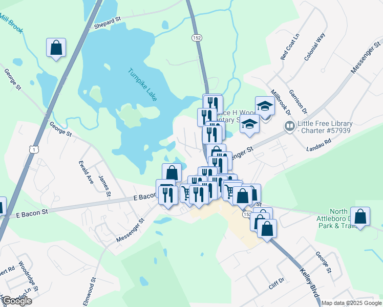 map of restaurants, bars, coffee shops, grocery stores, and more near 18 Taunton Street in Plainville