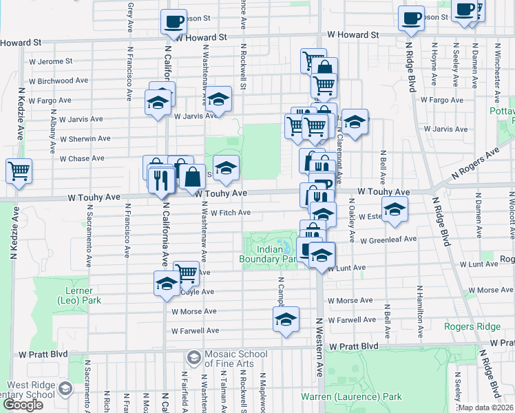 map of restaurants, bars, coffee shops, grocery stores, and more near 2542 West Fitch Avenue in Chicago