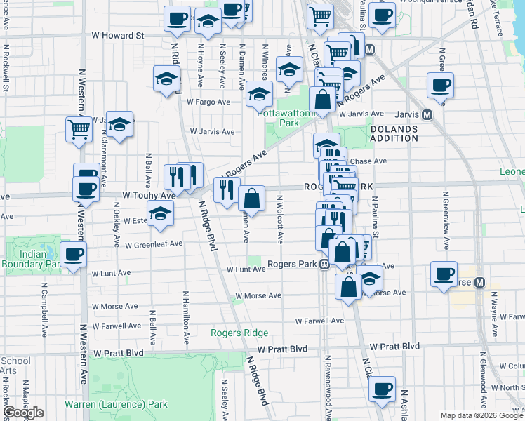 map of restaurants, bars, coffee shops, grocery stores, and more near 1934 West Estes Avenue in Chicago
