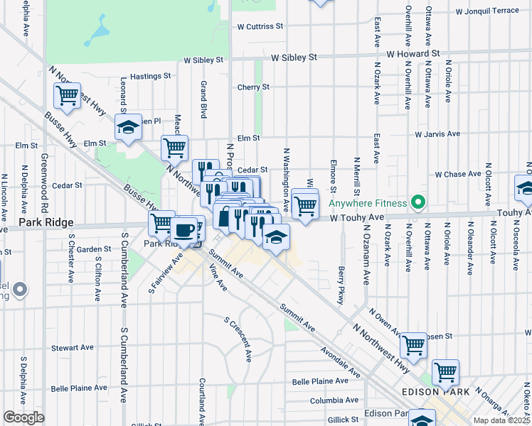 map of restaurants, bars, coffee shops, grocery stores, and more near 403 Grant Place in Park Ridge
