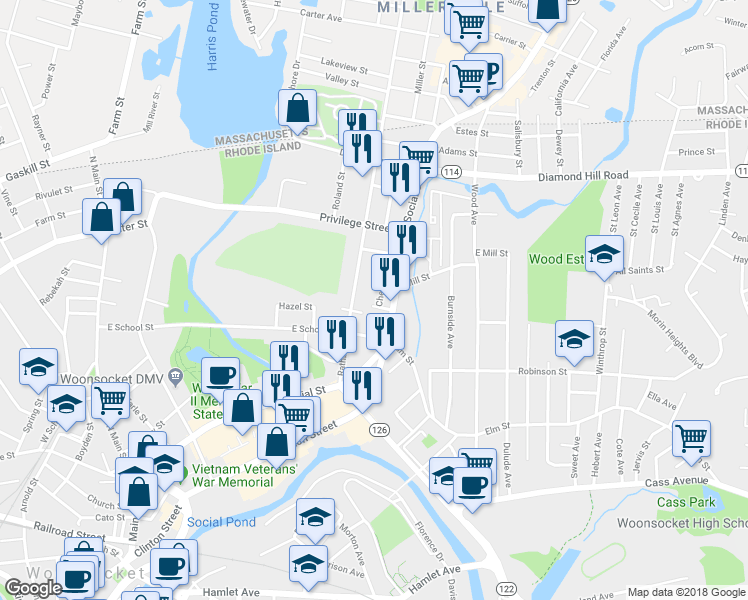 map of restaurants, bars, coffee shops, grocery stores, and more near 47 Chester Street in Woonsocket