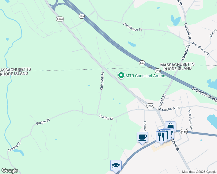 map of restaurants, bars, coffee shops, grocery stores, and more near 131 Cider Mill Road in North Smithfield