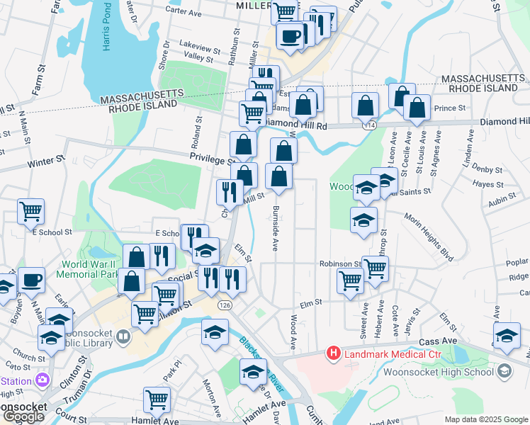 map of restaurants, bars, coffee shops, grocery stores, and more near 325 Burnside Avenue in Woonsocket