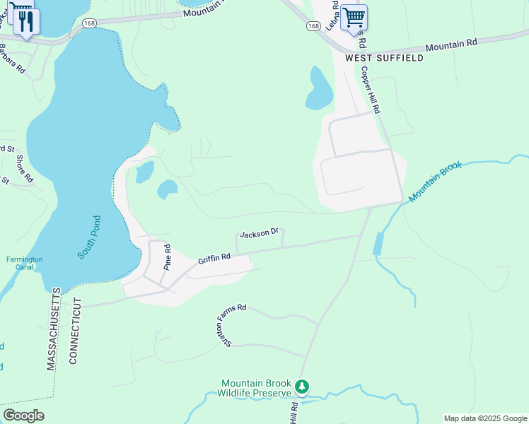 map of restaurants, bars, coffee shops, grocery stores, and more near Plymouth Lane in Suffield