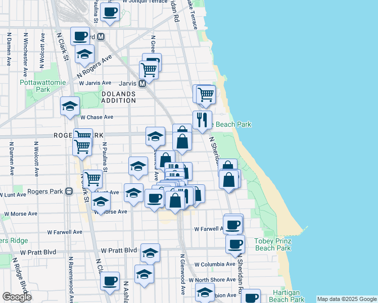 map of restaurants, bars, coffee shops, grocery stores, and more near 1329 West Touhy Avenue in Chicago
