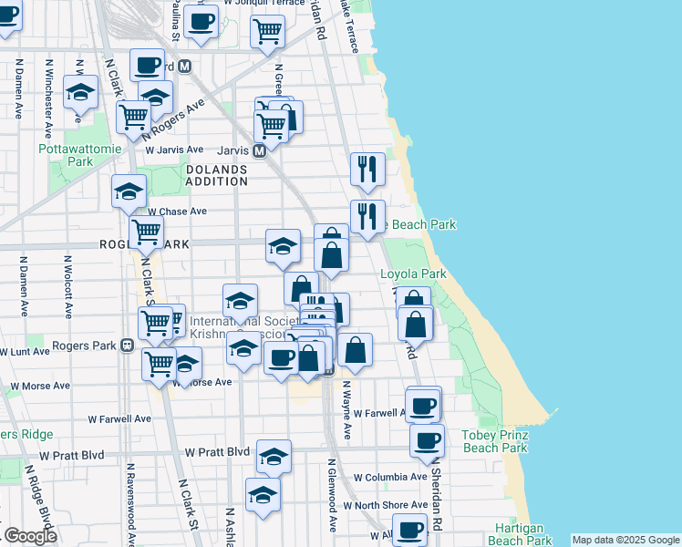 map of restaurants, bars, coffee shops, grocery stores, and more near 7107 North Glenwood Avenue in Chicago