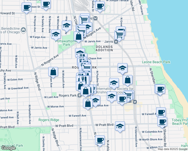 map of restaurants, bars, coffee shops, grocery stores, and more near 1728 West Estes Avenue in Chicago