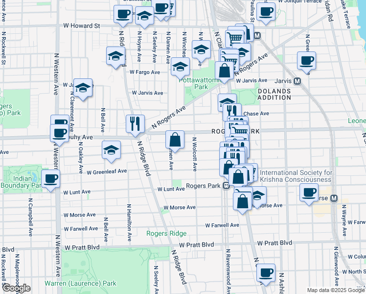map of restaurants, bars, coffee shops, grocery stores, and more near 1934 West Estes Avenue in Chicago