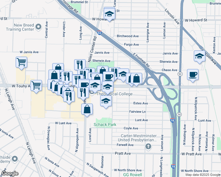 map of restaurants, bars, coffee shops, grocery stores, and more near in Skokie