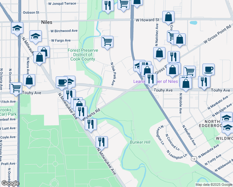 map of restaurants, bars, coffee shops, grocery stores, and more near in Niles
