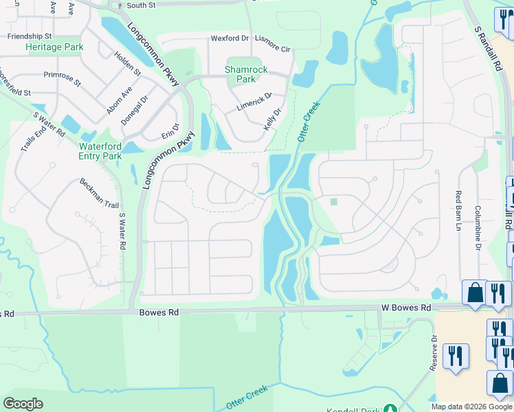 map of restaurants, bars, coffee shops, grocery stores, and more near 2801 Edgewater Drive in Elgin