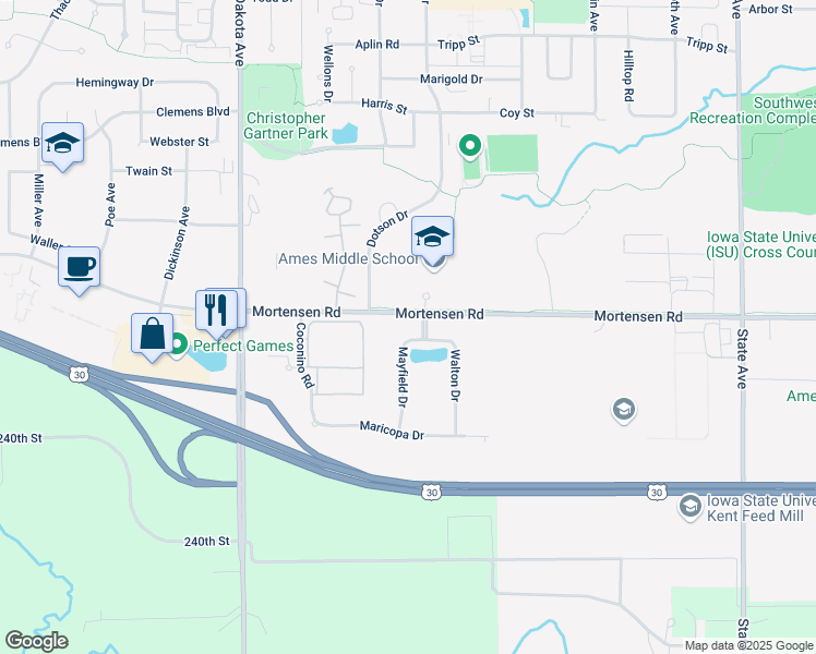 map of restaurants, bars, coffee shops, grocery stores, and more near in Ames