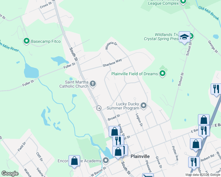 map of restaurants, bars, coffee shops, grocery stores, and more near 9 Maple Terrace in Plainville