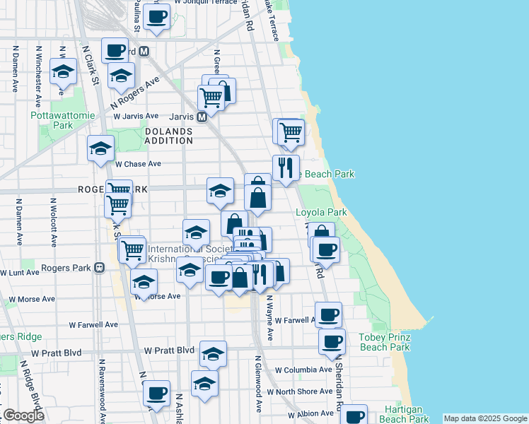 map of restaurants, bars, coffee shops, grocery stores, and more near 7107 North Glenwood Avenue in Chicago