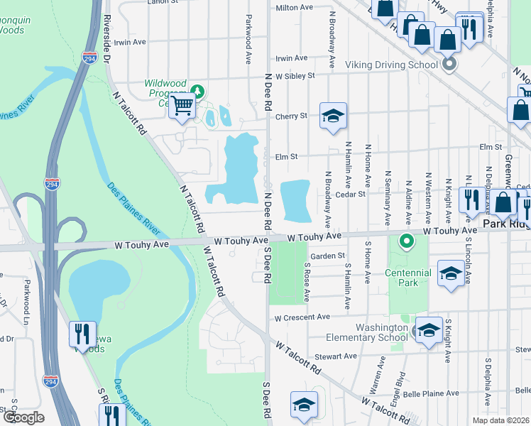 map of restaurants, bars, coffee shops, grocery stores, and more near 141 North Dee Road in Park Ridge