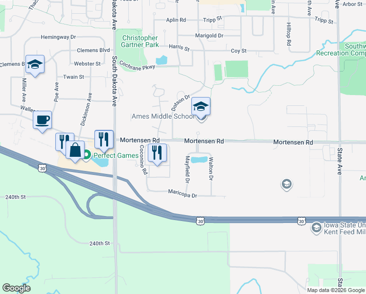 map of restaurants, bars, coffee shops, grocery stores, and more near 1217 Mayfield Drive in Ames