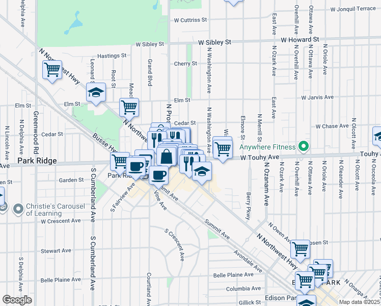 map of restaurants, bars, coffee shops, grocery stores, and more near 403 Grant Place in Park Ridge