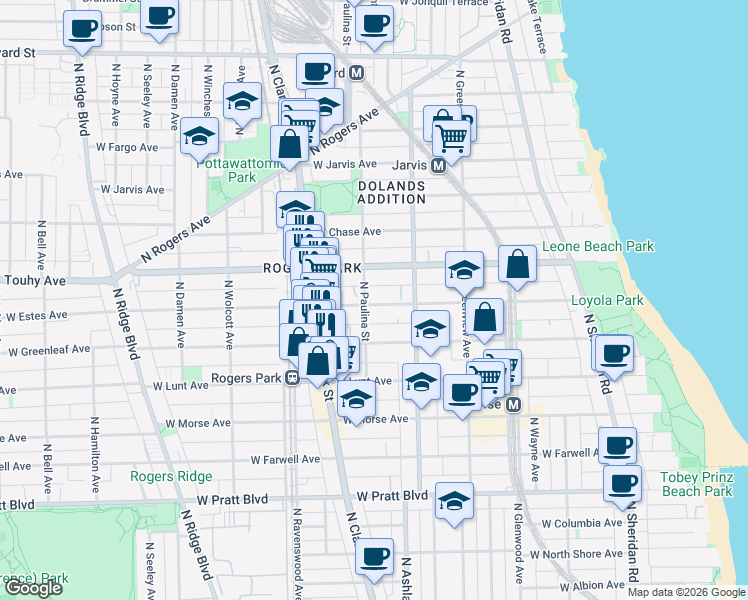map of restaurants, bars, coffee shops, grocery stores, and more near 1642 West Estes Avenue in Chicago