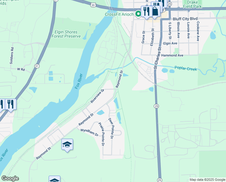 map of restaurants, bars, coffee shops, grocery stores, and more near 349 Riverview Avenue in South Elgin