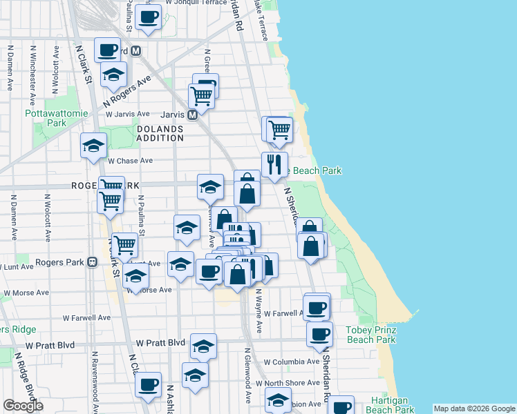 map of restaurants, bars, coffee shops, grocery stores, and more near 1358 1/2 West Estes Avenue in Chicago