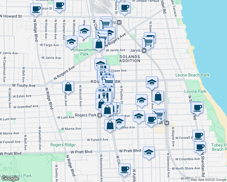 map of restaurants, bars, coffee shops, grocery stores, and more near 1724 West Estes Avenue in Chicago