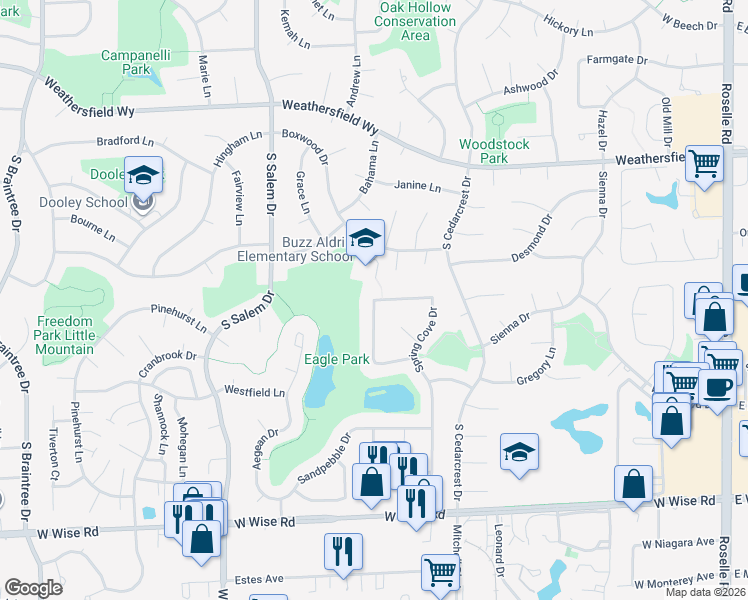 map of restaurants, bars, coffee shops, grocery stores, and more near 594 Mistic Harbour Lane in Schaumburg