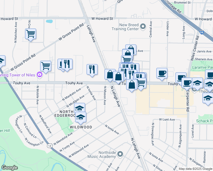 map of restaurants, bars, coffee shops, grocery stores, and more near 5849 West Touhy Avenue in Chicago
