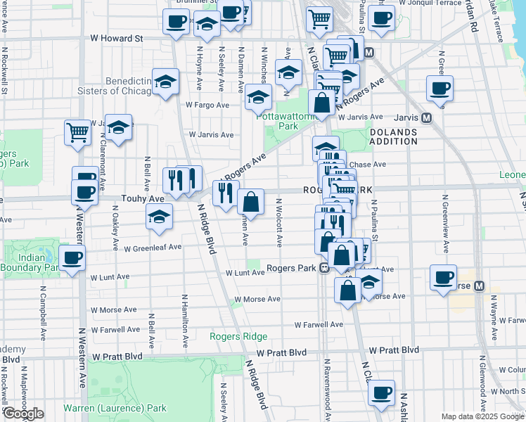 map of restaurants, bars, coffee shops, grocery stores, and more near 1934 West Estes Avenue in Chicago
