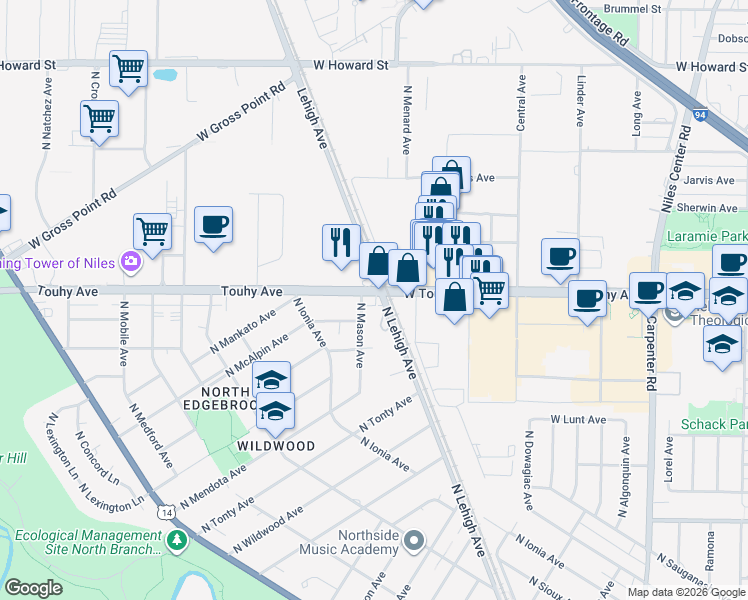map of restaurants, bars, coffee shops, grocery stores, and more near 5849 West Touhy Avenue in Chicago