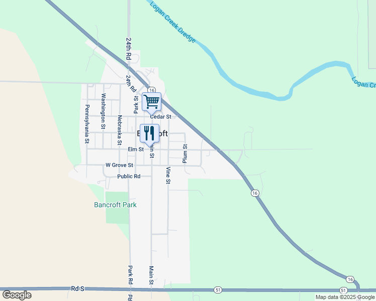 map of restaurants, bars, coffee shops, grocery stores, and more near 402 Plum Street in Bancroft