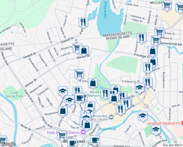 map of restaurants, bars, coffee shops, grocery stores, and more near 18 Laundry Street in Woonsocket