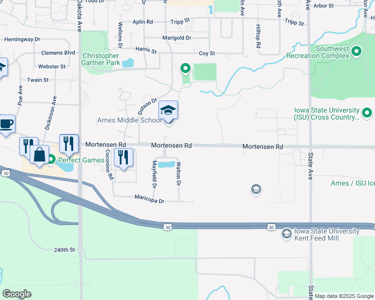 map of restaurants, bars, coffee shops, grocery stores, and more near 1220 Walton Drive in Ames