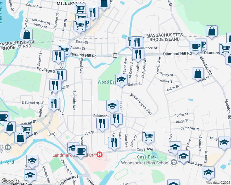 map of restaurants, bars, coffee shops, grocery stores, and more near 250 Winthrop Street in Woonsocket