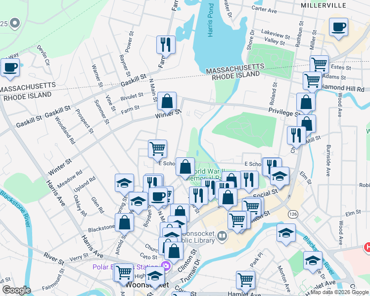 map of restaurants, bars, coffee shops, grocery stores, and more near 18 Laundry Street in Woonsocket
