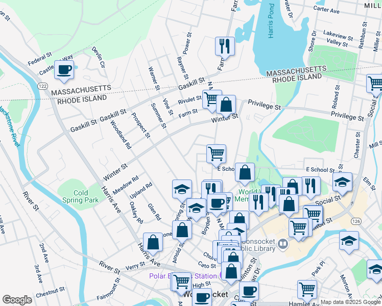 map of restaurants, bars, coffee shops, grocery stores, and more near 70 Phebe Street in Woonsocket