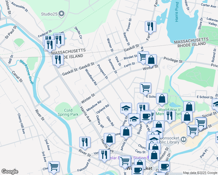 map of restaurants, bars, coffee shops, grocery stores, and more near 249 Winter Street in Woonsocket
