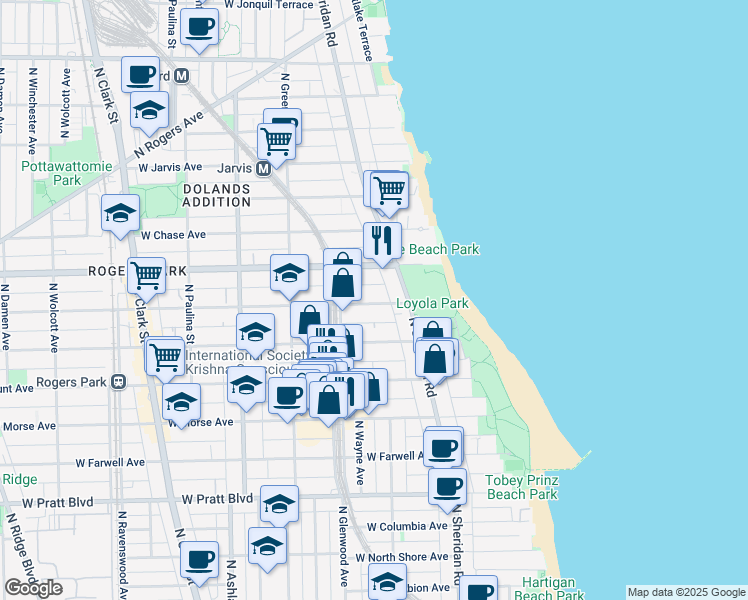 map of restaurants, bars, coffee shops, grocery stores, and more near 1329 West Touhy Avenue in Chicago