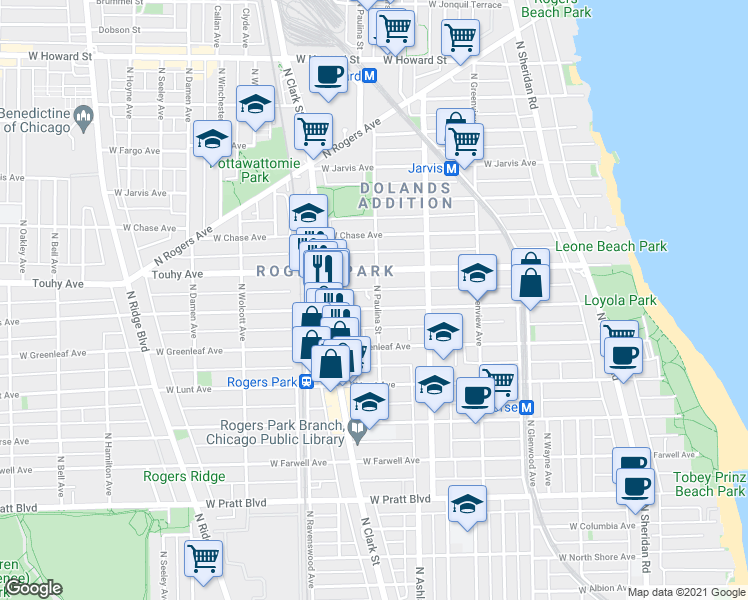 map of restaurants, bars, coffee shops, grocery stores, and more near 7115 North Paulina Street in Chicago