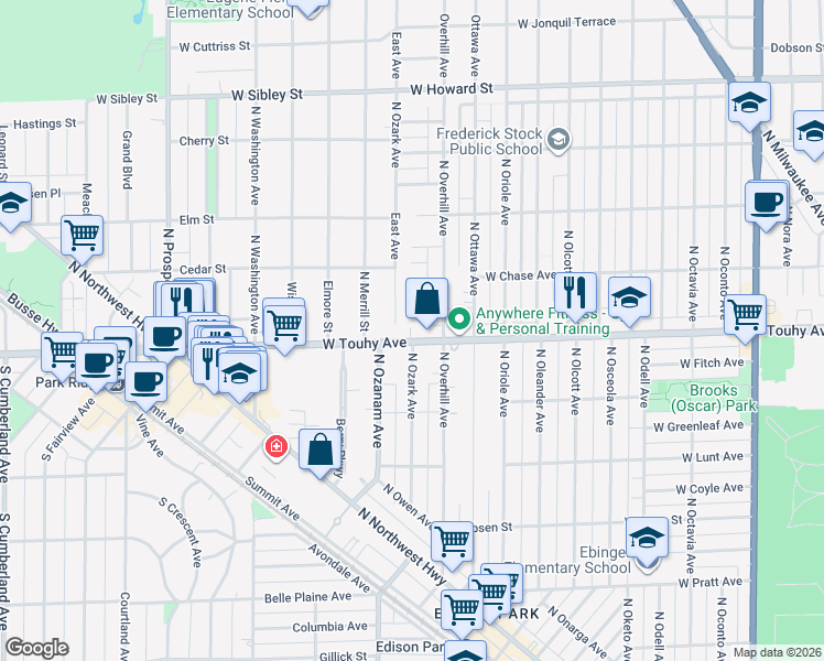 map of restaurants, bars, coffee shops, grocery stores, and more near 19 East Avenue in Park Ridge