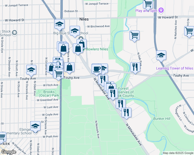 map of restaurants, bars, coffee shops, grocery stores, and more near 7161 North Milwaukee Avenue in Niles