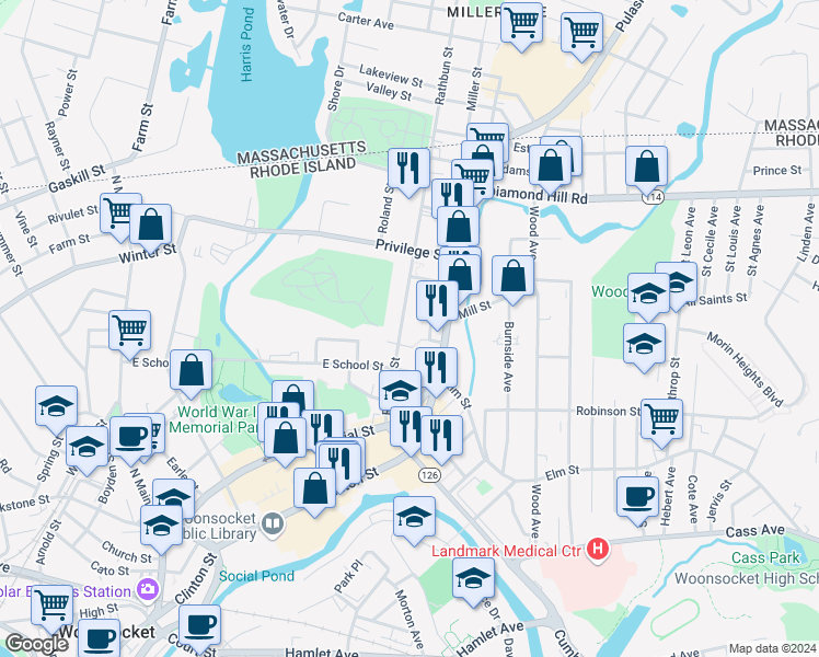 map of restaurants, bars, coffee shops, grocery stores, and more near 209 Rathbun Street in Woonsocket