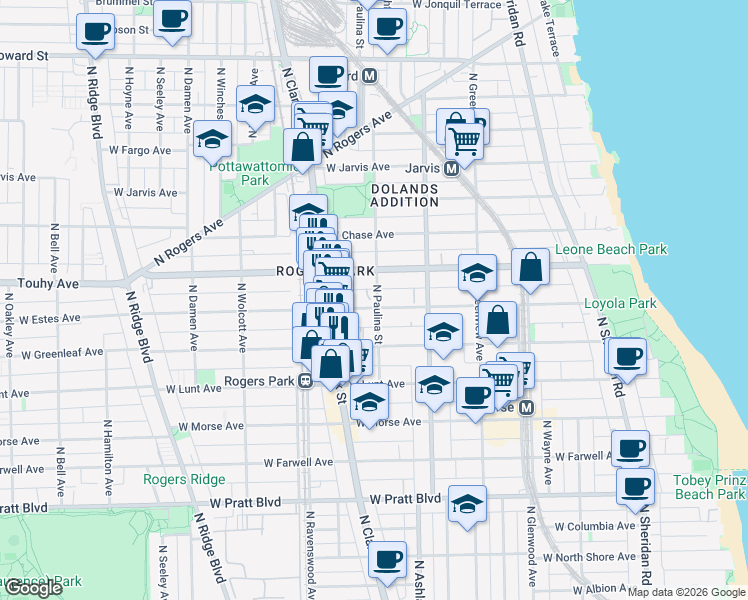 map of restaurants, bars, coffee shops, grocery stores, and more near 7115 North Paulina Street in Chicago
