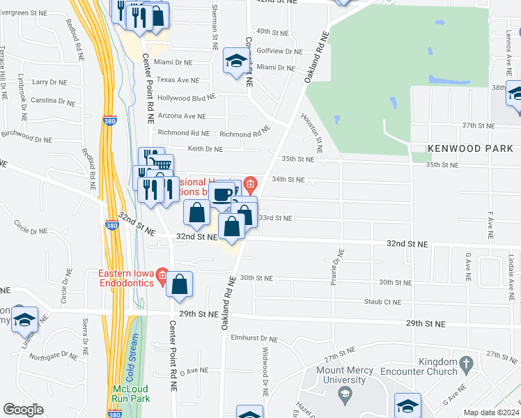map of restaurants, bars, coffee shops, grocery stores, and more near 3308 Oakland Road Northeast in Cedar Rapids